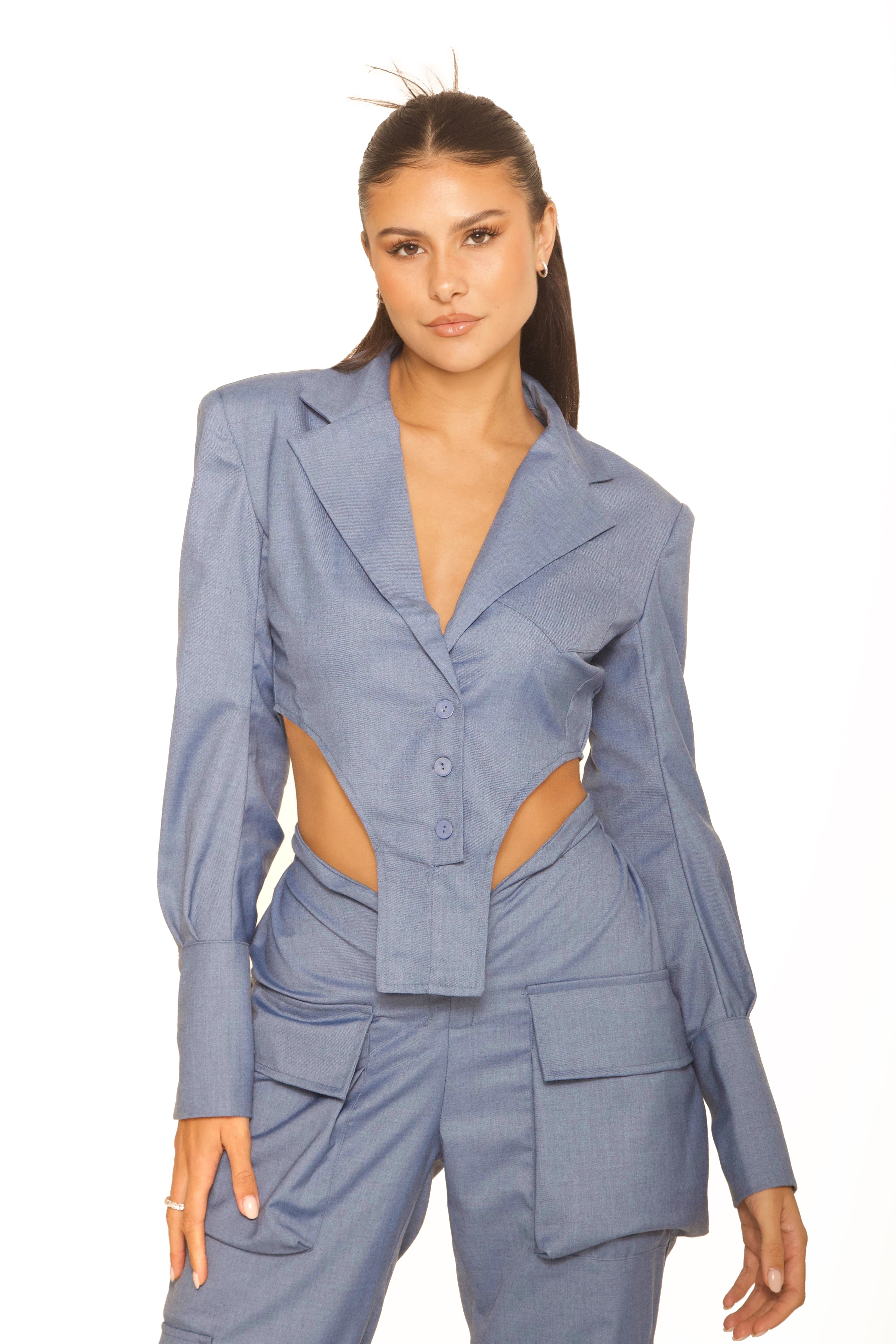 Cropped Shoulder Pad Blouse Denim